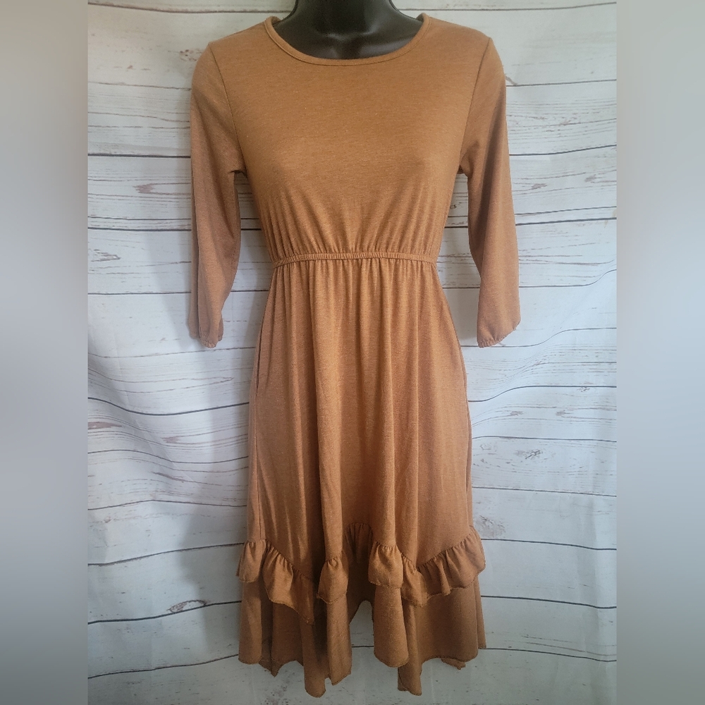 Elegant Tan Ruffle Hem Dress